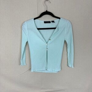 Vintage Express Womens Ribbed Knit Cardigan Mint Green Rayon Cotton Small